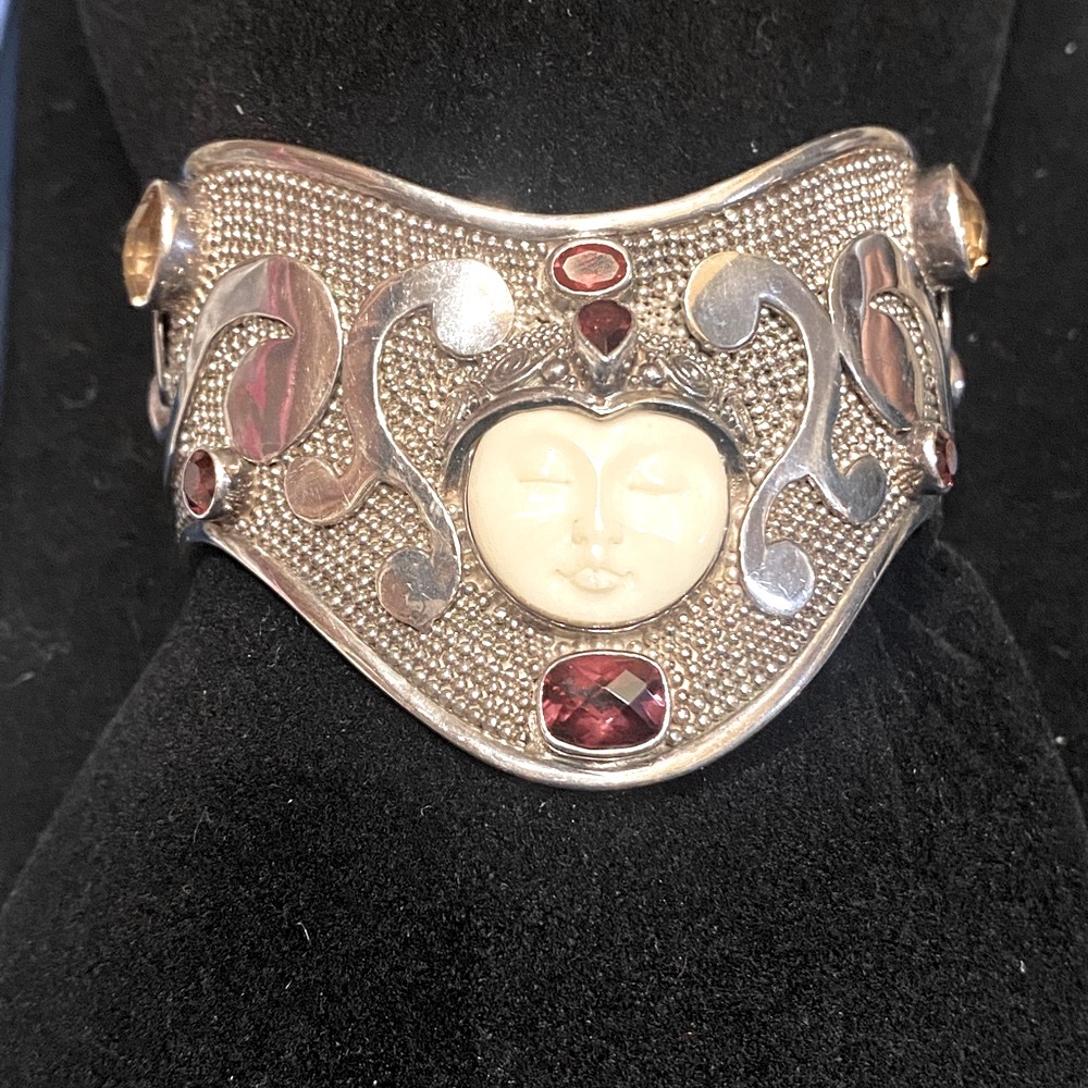 SAJEN CUFF SILVER FACES GODDESS BRACELET BONE GARNET, CITRINE